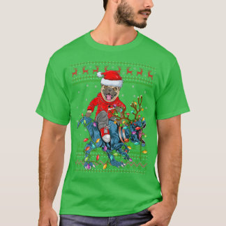 Pug Dog Lover Ugly Xmas Lights Pug Riding Dinosaur T-Shirt