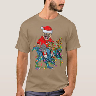 Pug Dog Lover Xmas Lights Pug Riding Dinosaur Chri T-Shirt