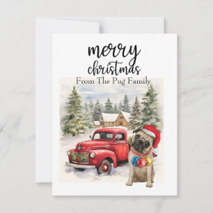 PUG Dog Merry Christmas on Red Gold marble Holiday Card