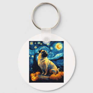 Pug dog of van gogh starry night halloween Funny J Key Ring