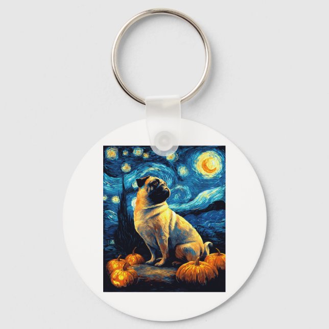Pug dog of van gogh starry night halloween Funny J Key Ring (Front)