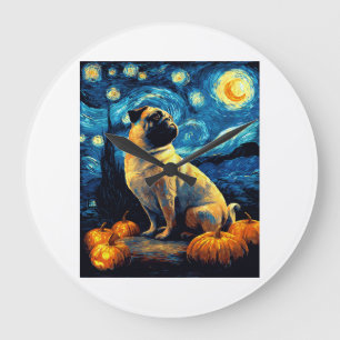 Pug dog of van gogh starry night halloween Funny J Large Clock