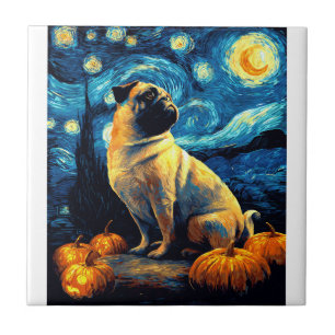 Pug dog of van gogh starry night halloween Funny J Tile