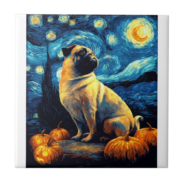 Pug dog of van gogh starry night halloween Funny J Tile (Front)