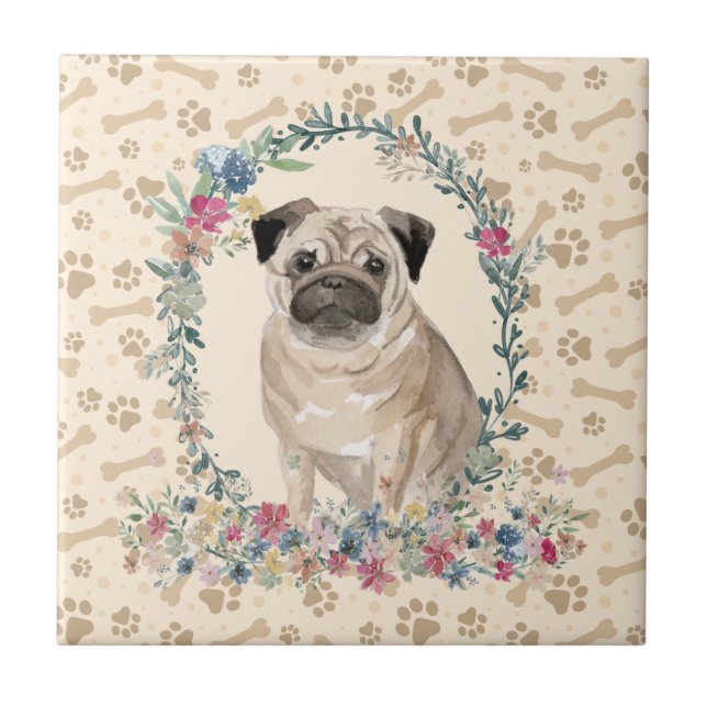 Pug Dog Paw Print Floral Cute Beige Tile (Front)