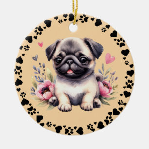 Pug Dog Paws Hearts Frame Pet Photo Tuscan Ceramic Tree Decoration