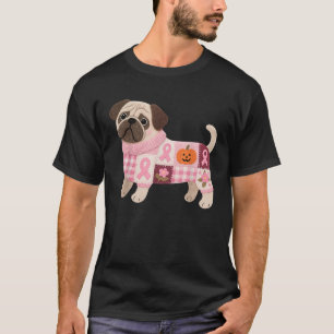 Pug Dog Pink Ribbon Breast Cancer Pug Pattern Felt T-Shirt