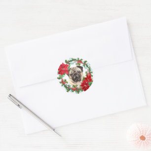 Pug Dog Poinsettia Holly Christmas Wreath Classic Round Sticker