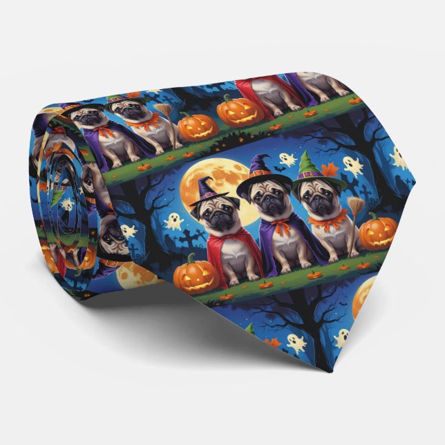 Pug Dog Pumpkin Halloween Funny  Tie (Rolled)