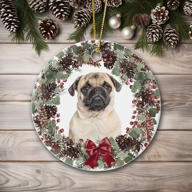Pug Dog Red Bow Pinecone Wreath Personalised Ceramic Tree Decoration (Creator Uploaded)