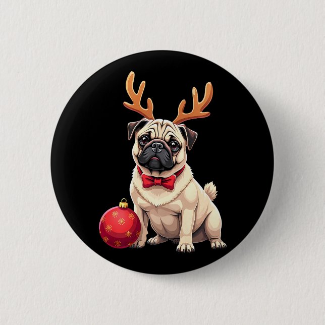 Pug Dog Reindeer Xmas Dog Lover Funny Family Chris 6 Cm Round Badge (Front)