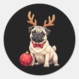 Pug Dog Reindeer Xmas Dog Lover Funny Family Chris Classic Round Sticker