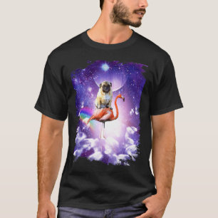 Pug Dog Riding Flamingo In Space Rainbow T-Shirt