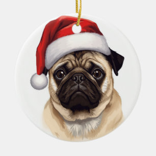 Pug Dog Santa Hat Merry Christmas Art Ceramic Tree Decoration