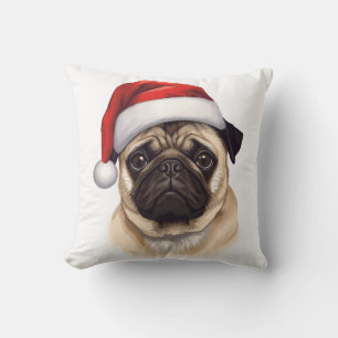 Pug Dog Santa Hat Merry Christmas Art Cushion