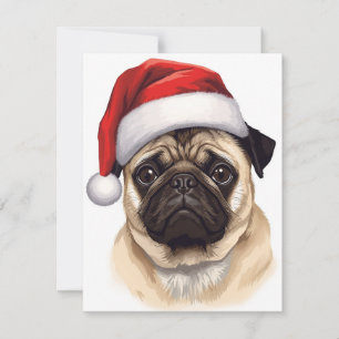 Pug Dog Santa Hat Merry Christmas Art Holiday Card