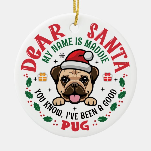Pug Dog Santa Personalised Christmas Tree Round Ceramic Tree Decoration (Front)