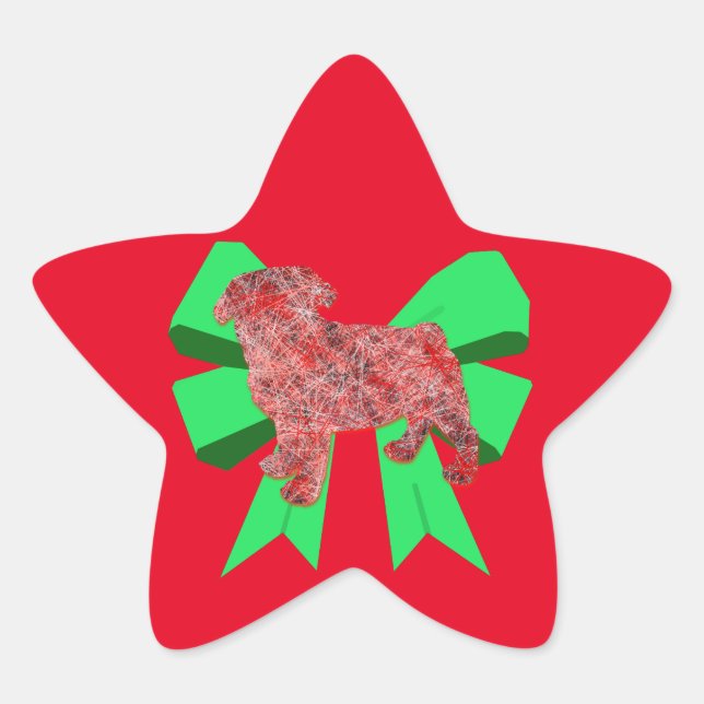 Pug Dog Silhouette Green Bow Christmas Star Sticker (Front)