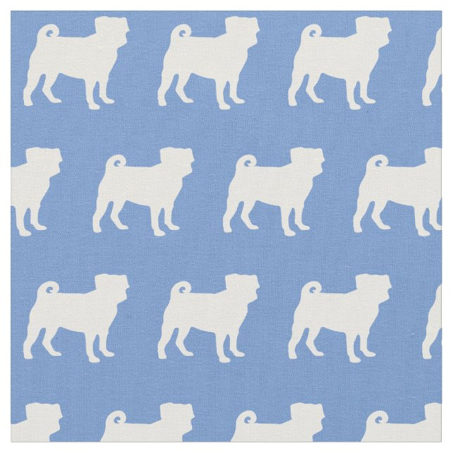 Pug Dog Silhouette Pet Light Blue Fabric (Close Up)