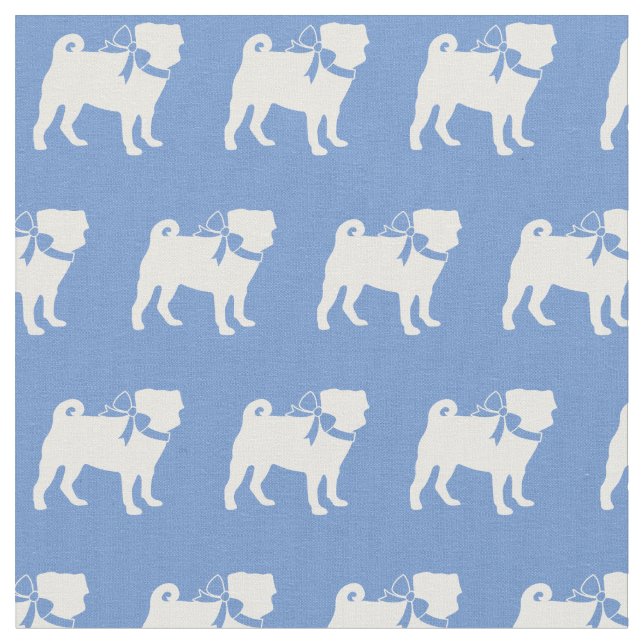 Pug Dog Silhouette Pet Light Blue Fabric (Close Up)