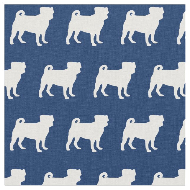 Pug Dog Silhouette Pet Navy Blue Fabric (Close Up)