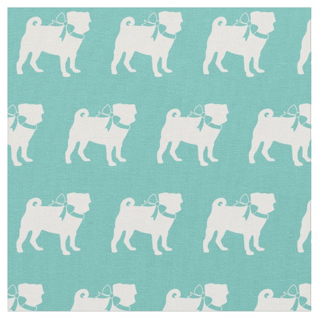 Pug Dog Silhouette Pet Teal Fabric (Close Up)