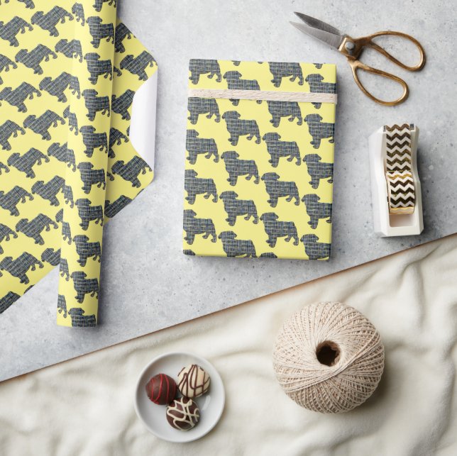 Pug Dog Silhouette Y&B Grid Yellow Gift Wrapping Paper (Crafts)