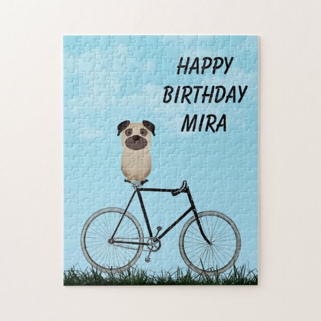Pug Dog Sitting on Vintage Bicycle Birthday Jigsaw Puzzle (Vertical)