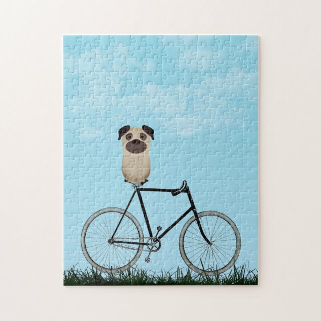 Pug Dog Sitting on Vintage Bicycle Jigsaw Puzzle (Vertical)