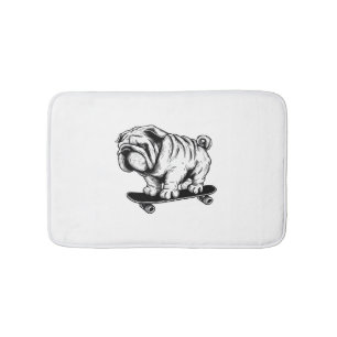 Pug dog skateboarder street art drawing bath mat