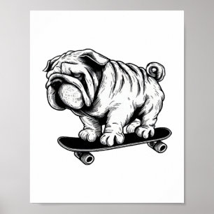 Pug dog skateboarder street art drawing poster