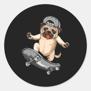 Pug Dog Skater Skateboarder Skateboarding Gray Boy Classic Round Sticker