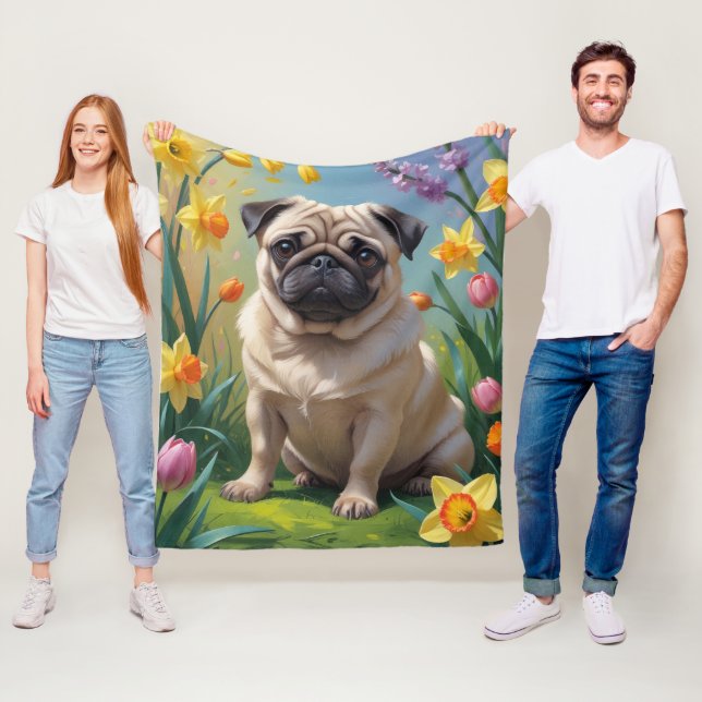 Pug Dog Spring Flowers Painting Fleece Blanket (In Situ)