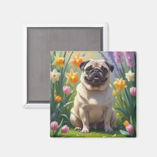 Pug Dog Spring Flowers Painting Magnet