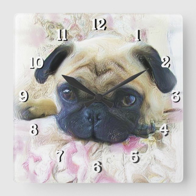 Pug Dog Square Wall Clock (Front)