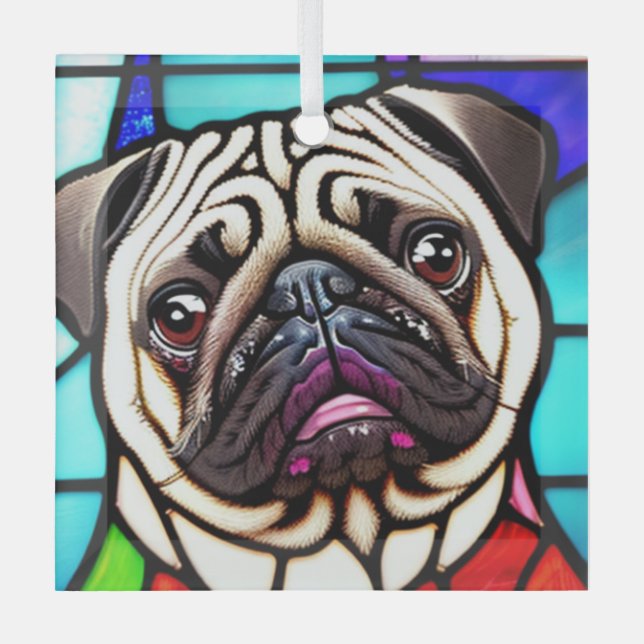 Pug Dog "Stained Glass"  Glass Tree Decoration (Front)