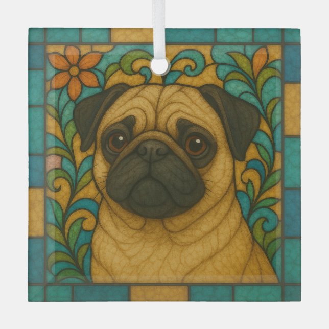 Pug Dog "Stained Glass"  Glass Tree Decoration (Front)