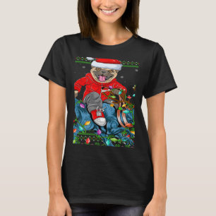 Pug Dog Ugly Xmas Lights Pug Riding Dinosaur Chri T-Shirt