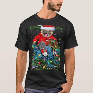 Pug Dog Ugly Xmas Lights Pug Riding Dinosaur Chris T-Shirt