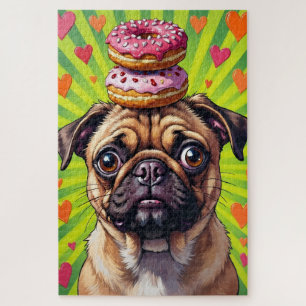 Pug Dog Valentine's Day Heart Donut Stack Jigsaw Puzzle