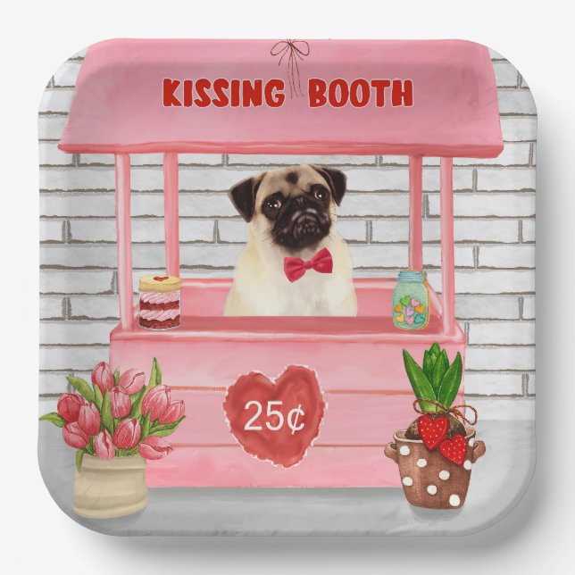 Pug Dog Valentine's Day Kissing Booth Paper Plate (Front)
