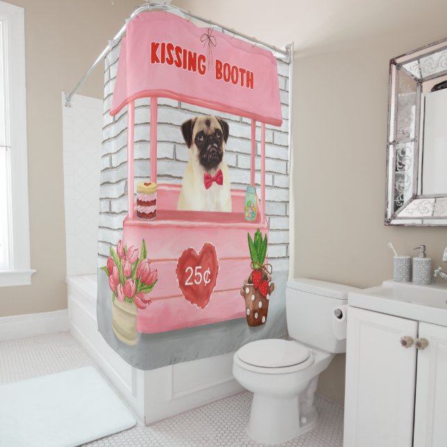 Pug Dog Valentine's Day Kissing Booth Shower Curtain (In Situ)