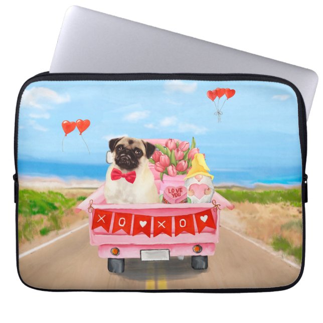 Pug Dog Valentine's Day Truck Hearts Laptop Sleeve