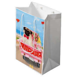 Pug Dog Valentine's Day Truck Hearts Medium Gift Bag