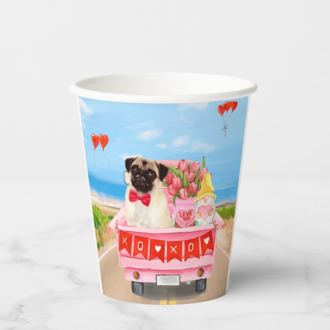 Pug Dog Valentine's Day Truck Hearts Paper Cups (Front)
