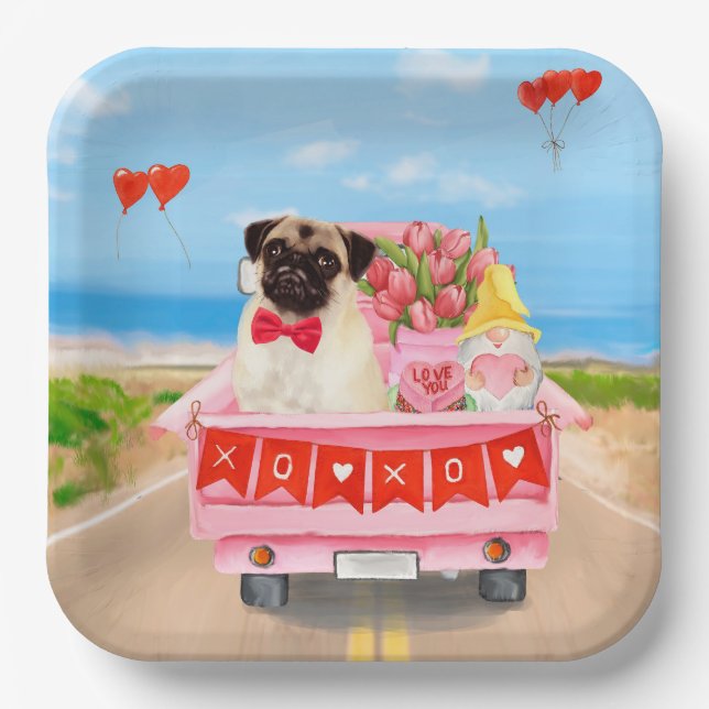 Pug Dog Valentine's Day Truck Hearts Paper Plate (Front)