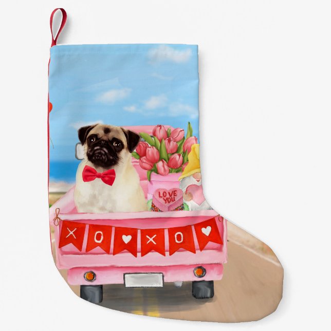 Pug Dog Valentine's Day Truck Hearts Small Christmas Stocking (Front)