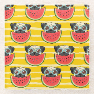 Pug Dog Watermelon: Summer Seamless. Glass Coaster