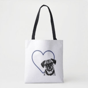 Pug Dog Wearing Glasses Blue Heart Design Tote Bag