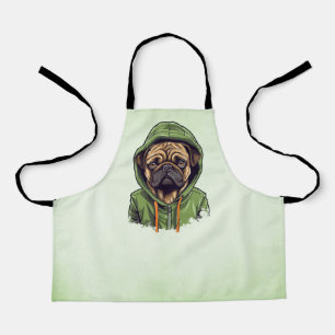 Pug Dog Wearing Green Hoodie Apron